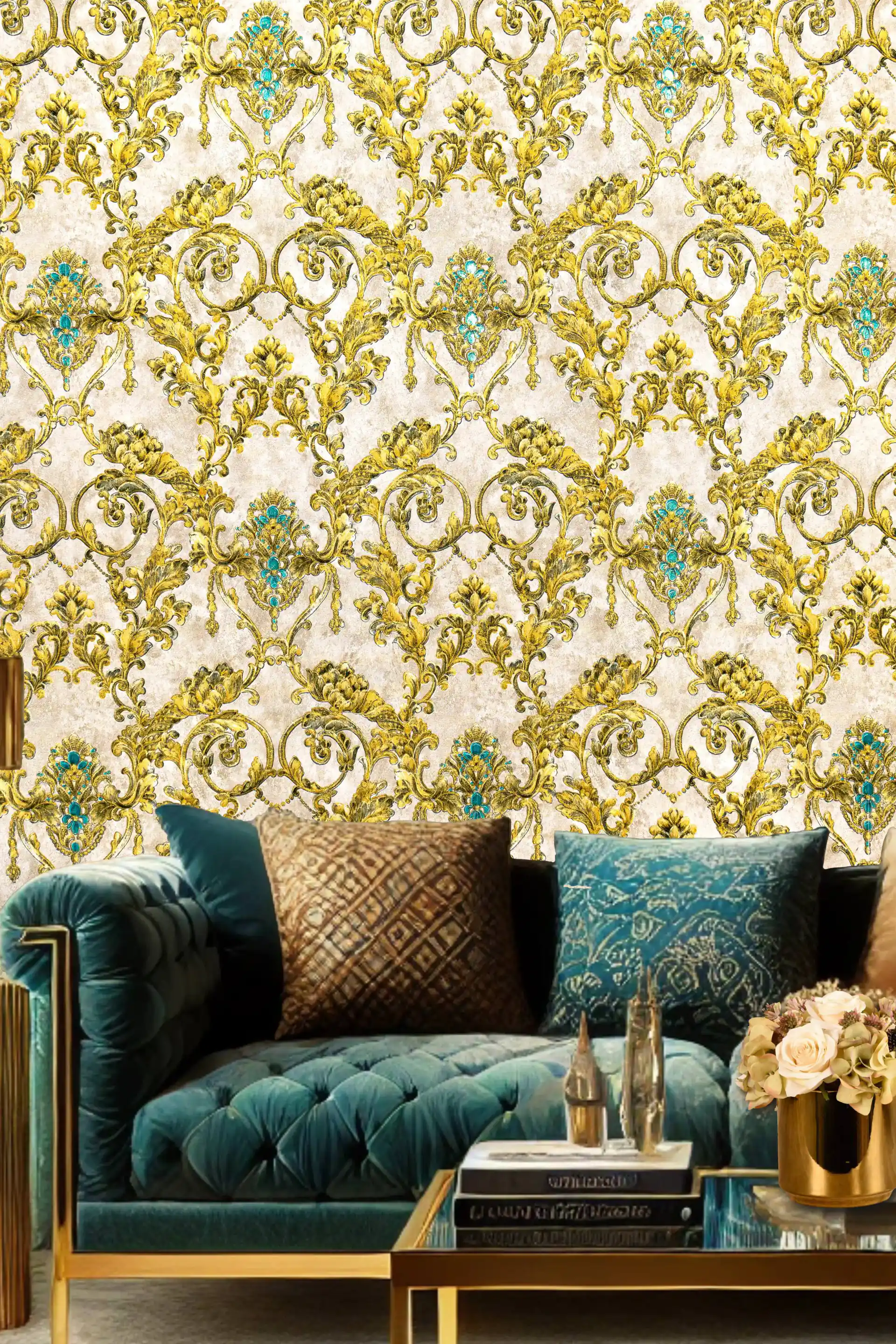 Royal Baroque Gold Wallpaper with Ornate Damask and Turquoise Gem Accents