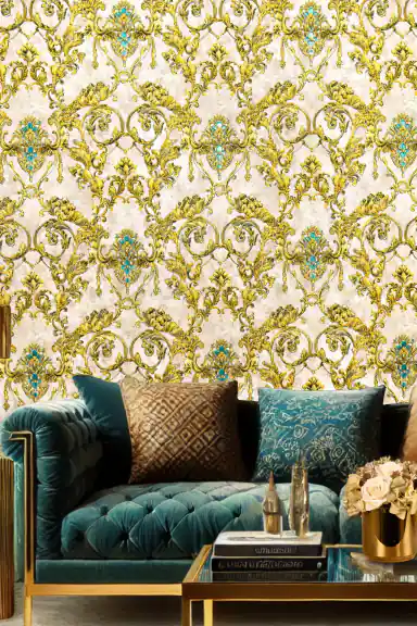 Luxurious living room with royal gold baroque wallpaper featuring turquoise gem accents behind teal velvet sofa