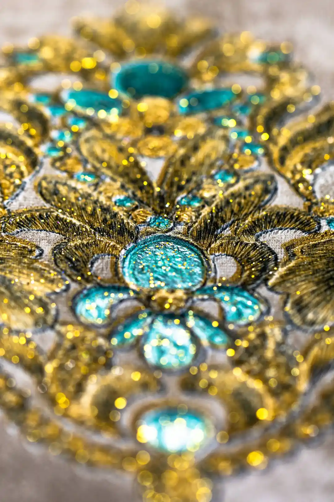 Macro shot of sparkling turquoise gem and gold glitter detailing on baroque wallpaper motif
