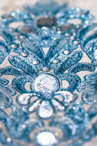 Extreme macro of sparkling teal blue glitter crystals and embossed floral detail on wallpaper surface