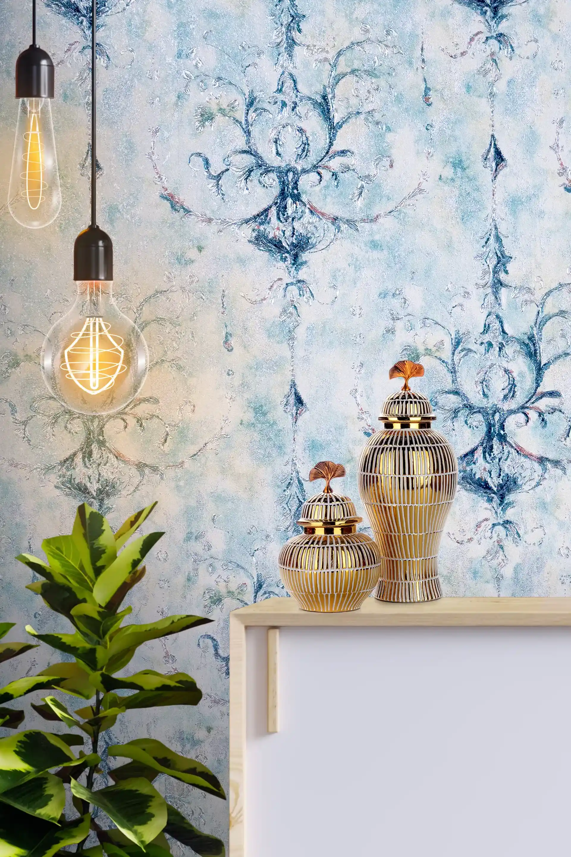 Royal Damask Wallpaper for Walls with Vintage Blue Textured Finish