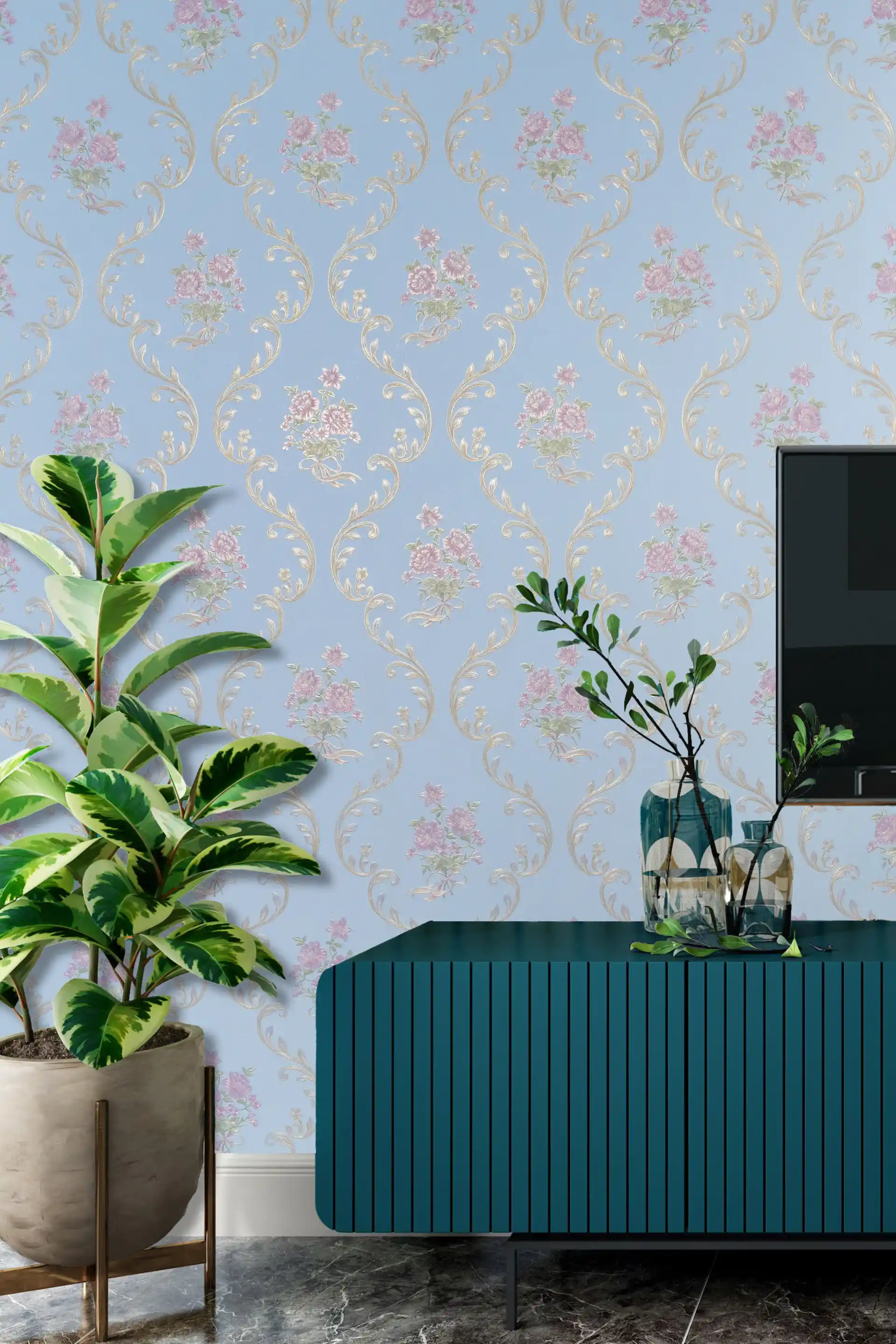 Pink Rose Motif Damask Wallpaper on Light Powder Blue Background