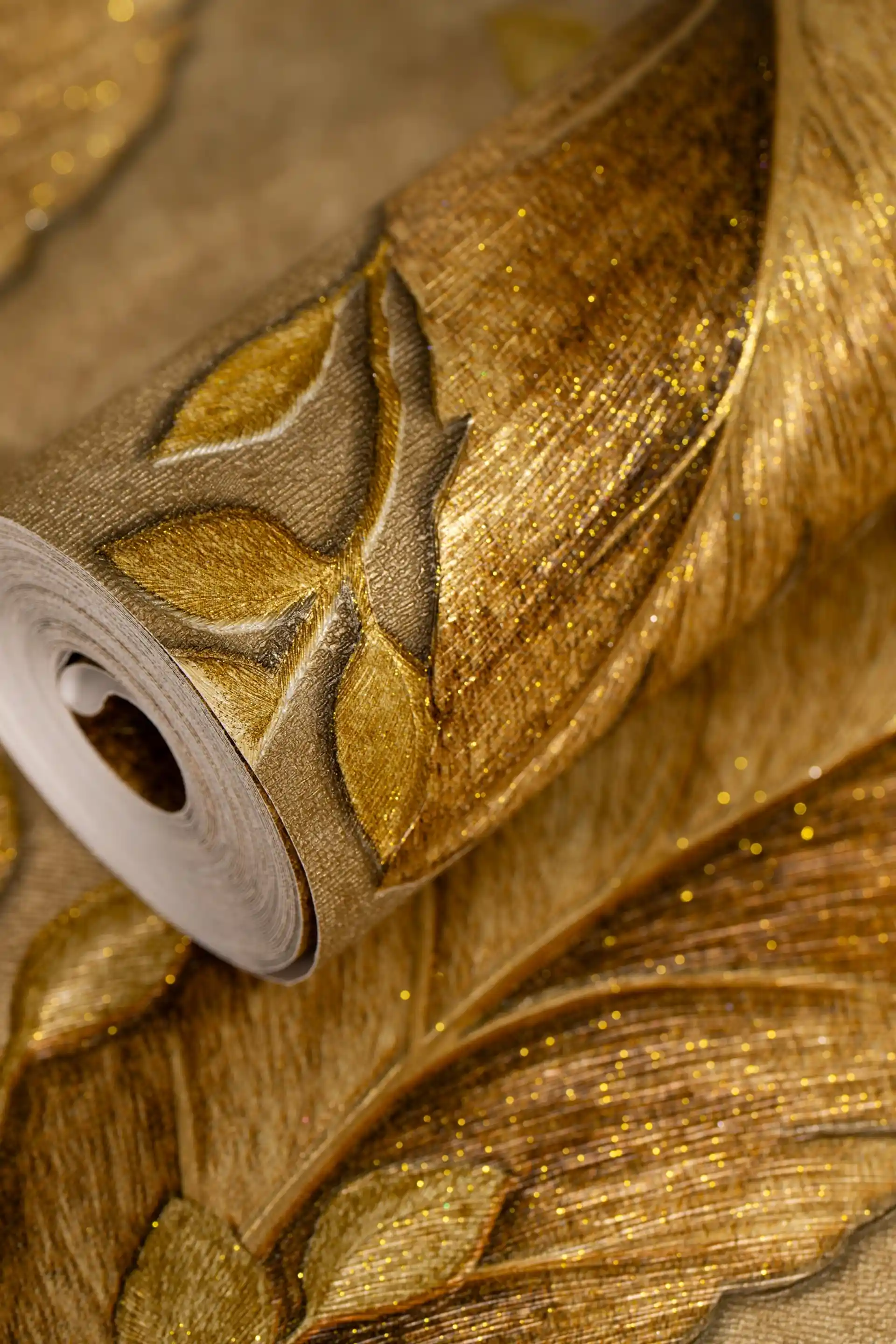 Tropical Golden Leaves Wallpaper with Glitter and Shine