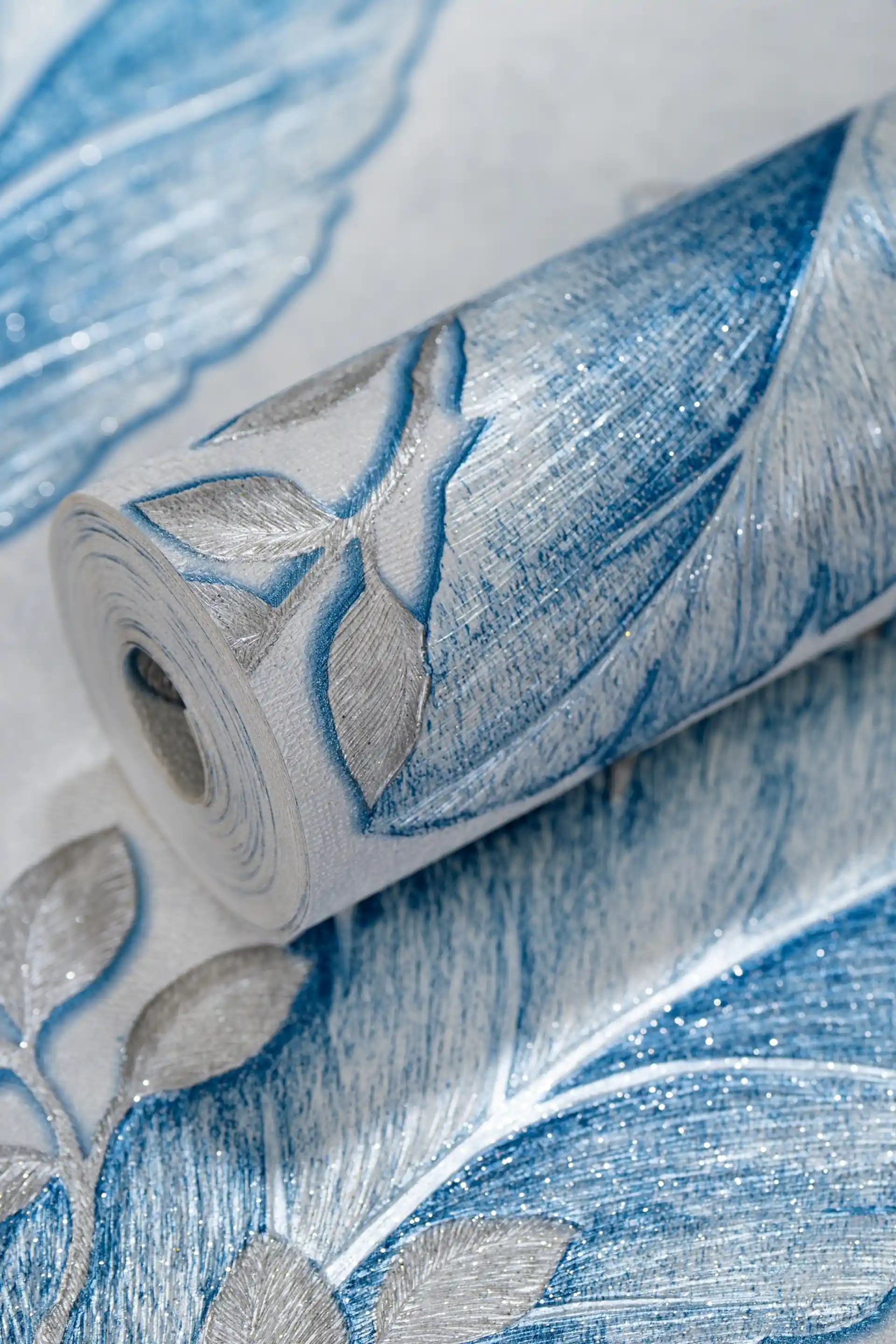 Coastal Blue Tropical Leaves Wallpaper with Silver Glitter