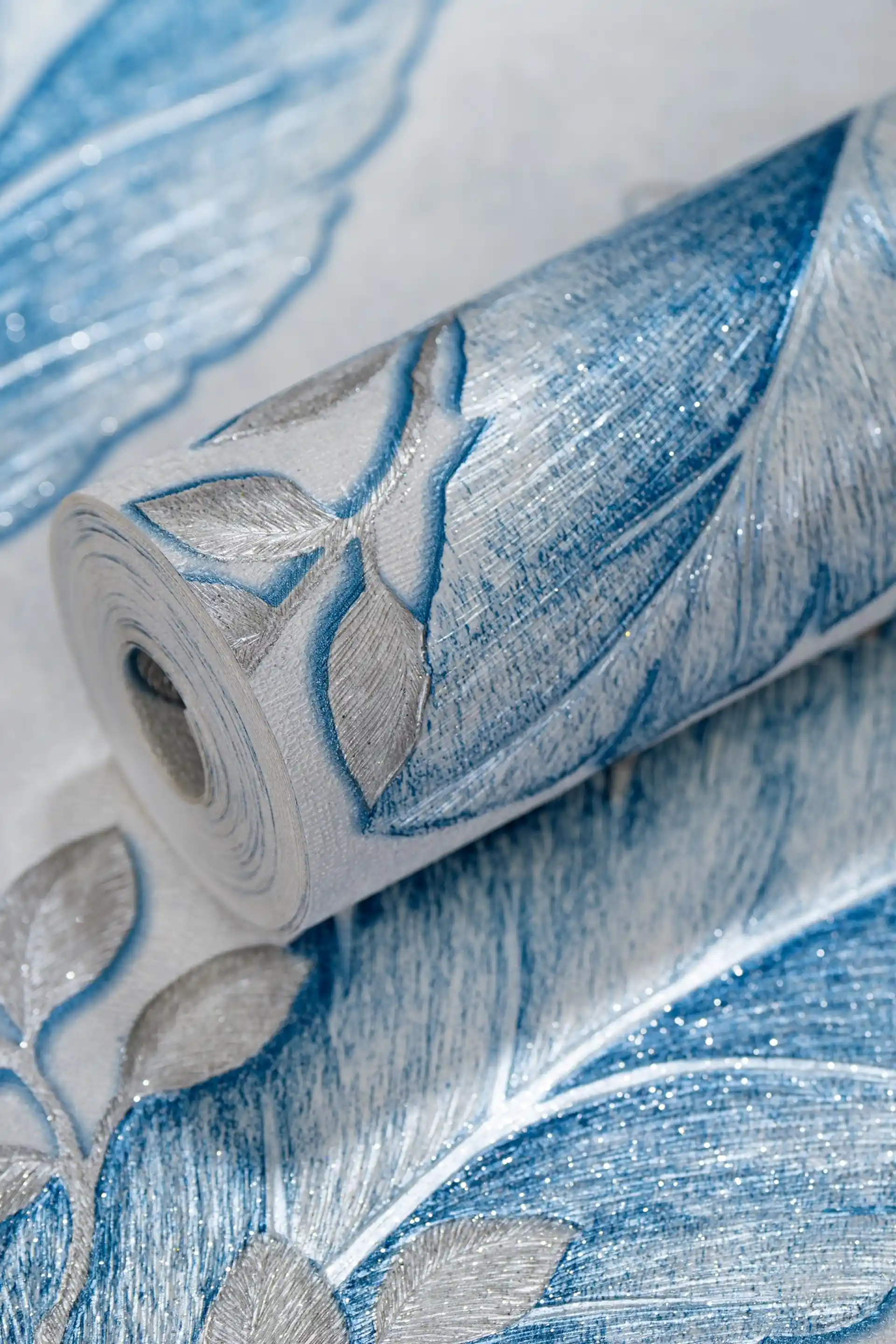 Coastal Blue Tropical Leaves Wallpaper with Silver Glitter