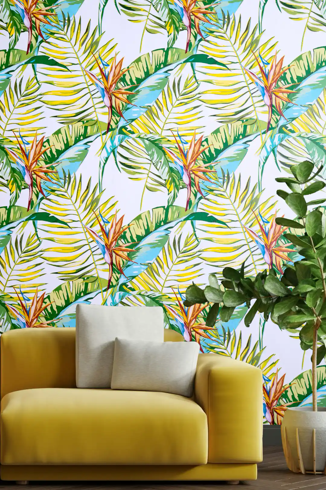 Living room with vibrant tropical paradise wallpaper featuring green palm fronds and bird of paradise flowers