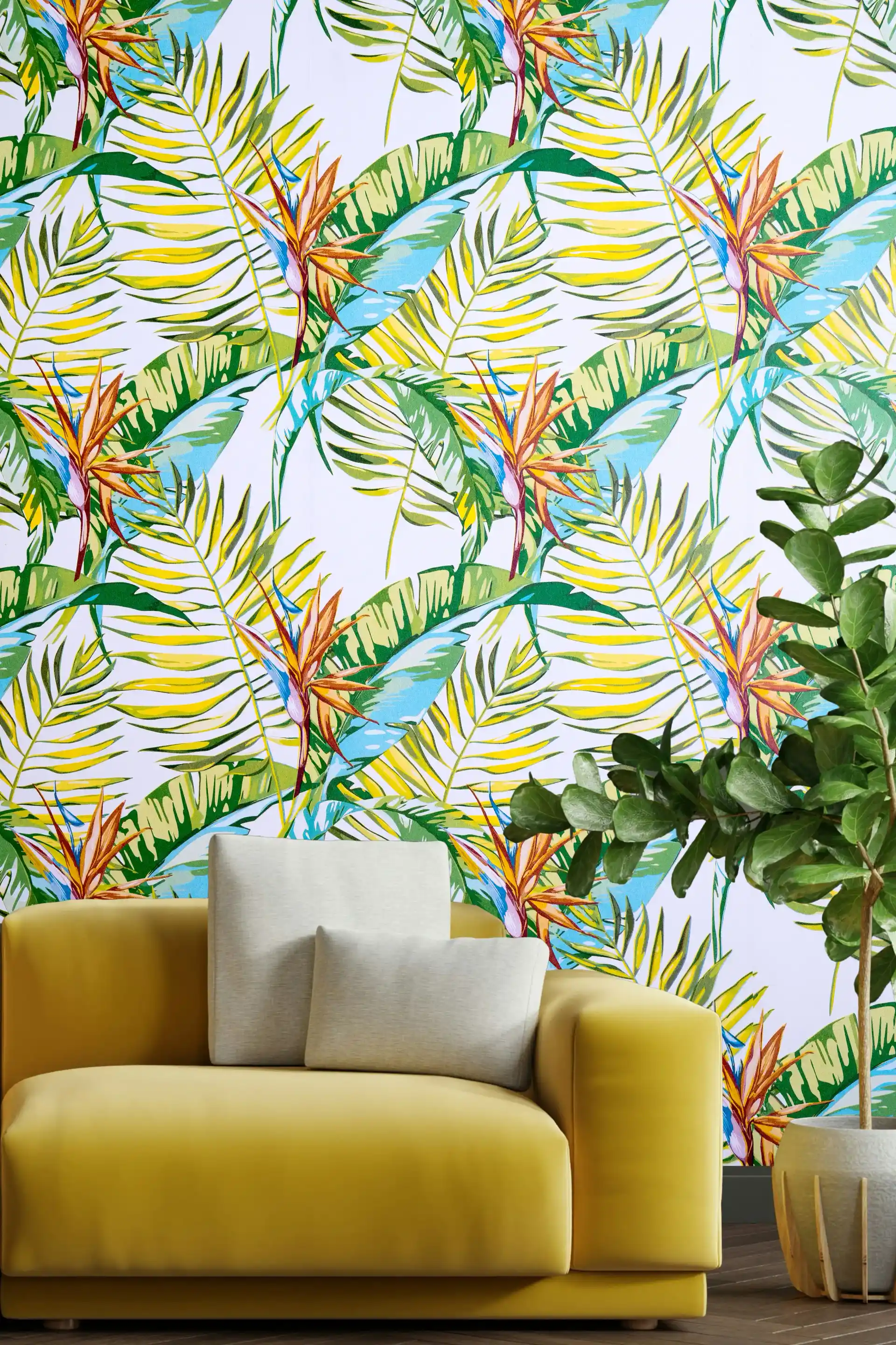 Wallpaper Tropical Paradise Leaves: Wallpaper with Accents of Glitters.