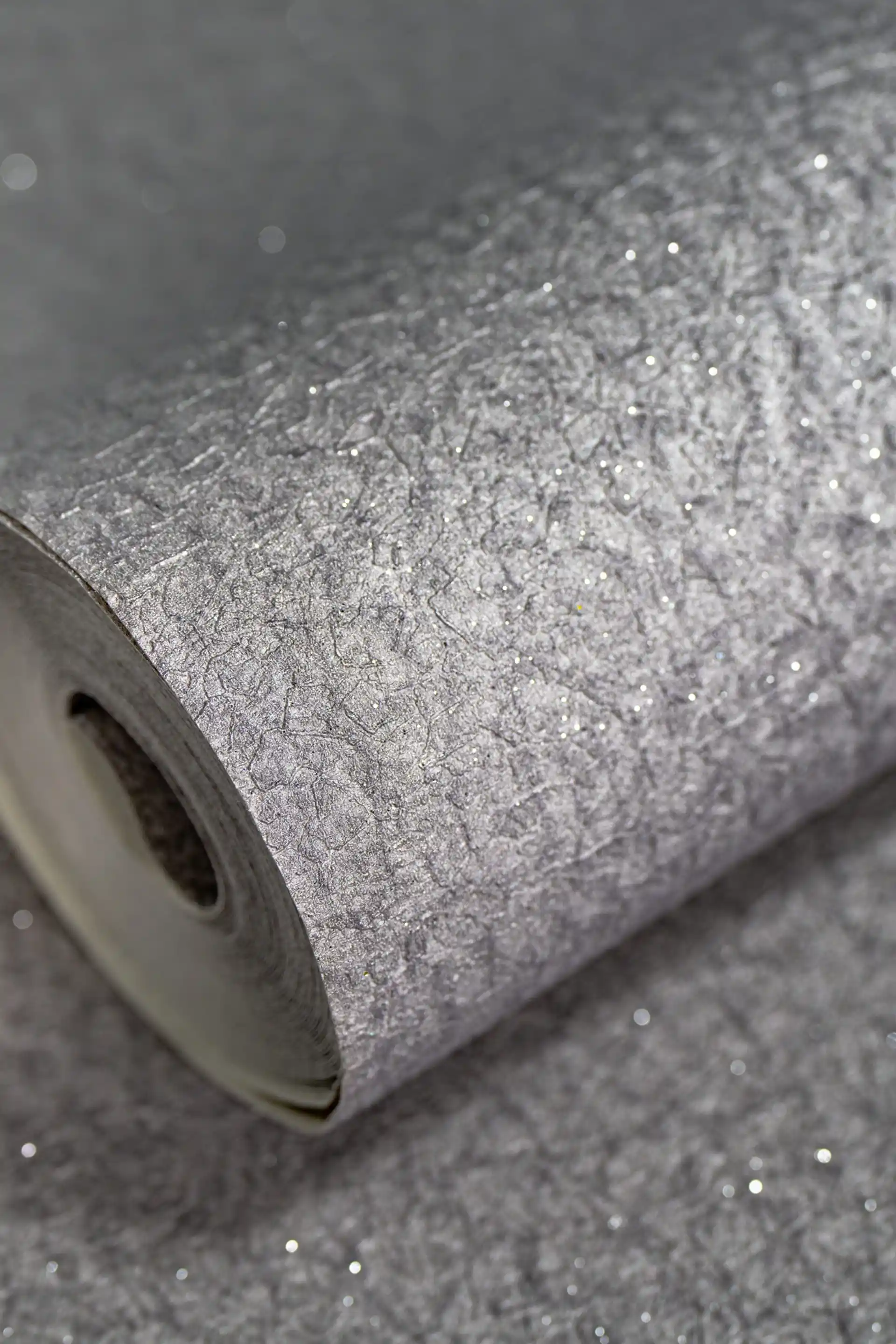 Grey Shimmer Wallpaper with Crackle Texture and Heavy Sparkle Finish