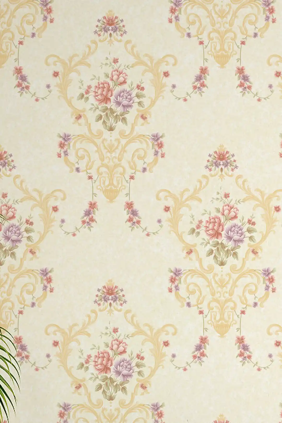 Full pattern view of cream wallpaper showing rose bouquets in gold cartouche frames on ivory background