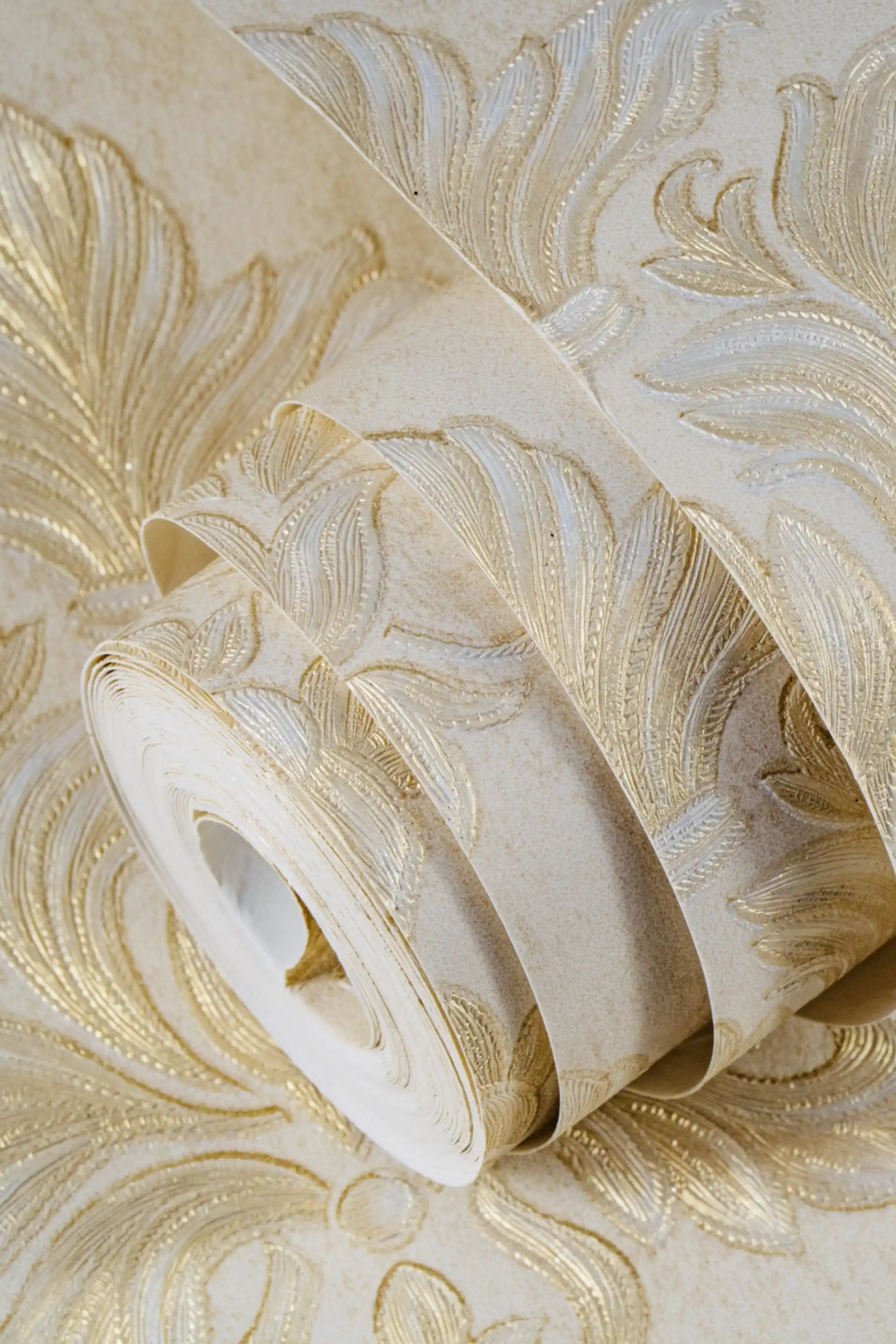 Embossed Gold Floral Damask Wallpaper on Cream with Gold Motifs