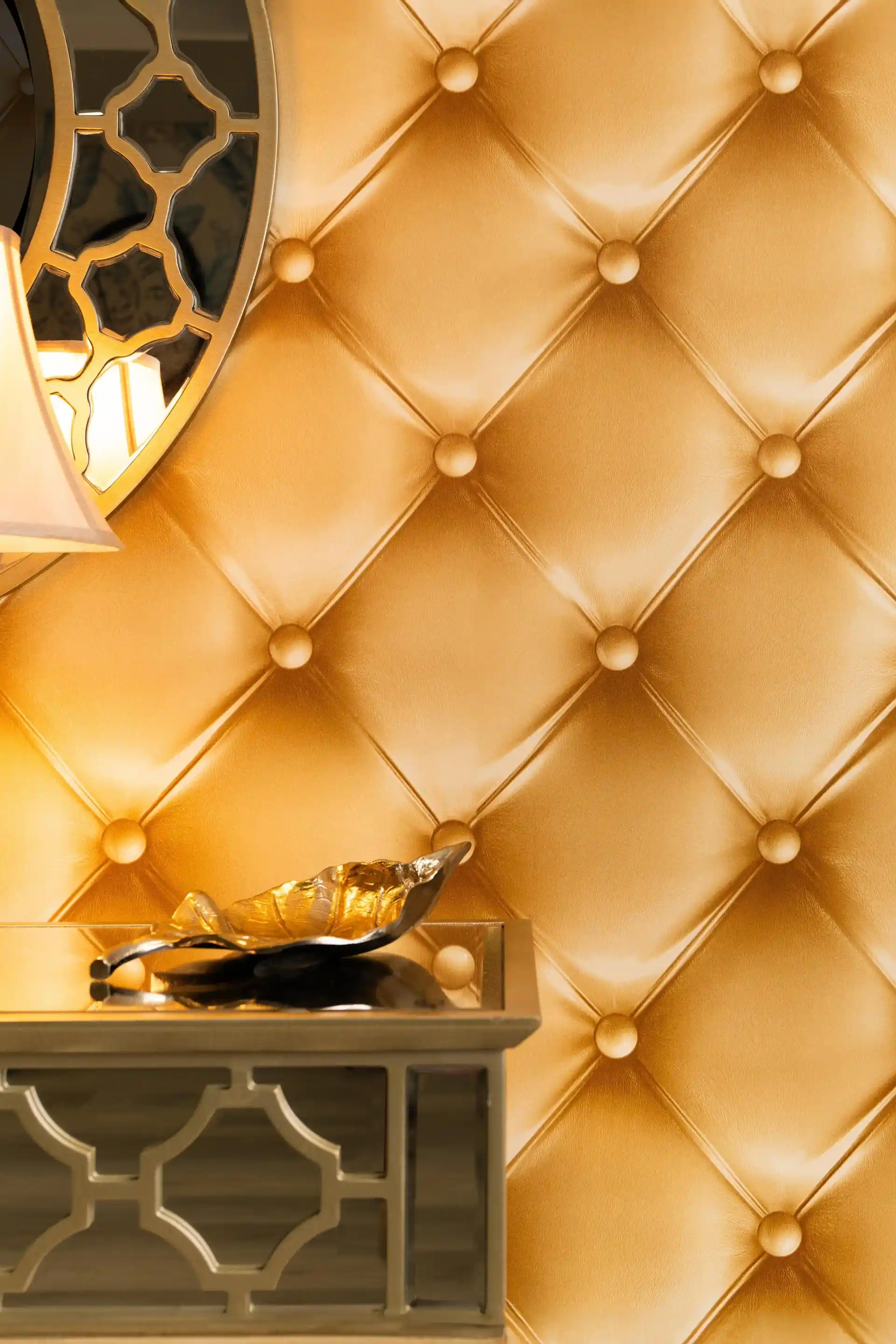 3D Luxe Leather Effect Wallpaper with Caramel Coloured Buttons