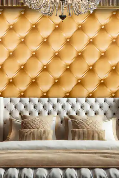 Luxury bedroom with golden amber leather tufted wallpaper behind white upholstered bed and crystal chandelier