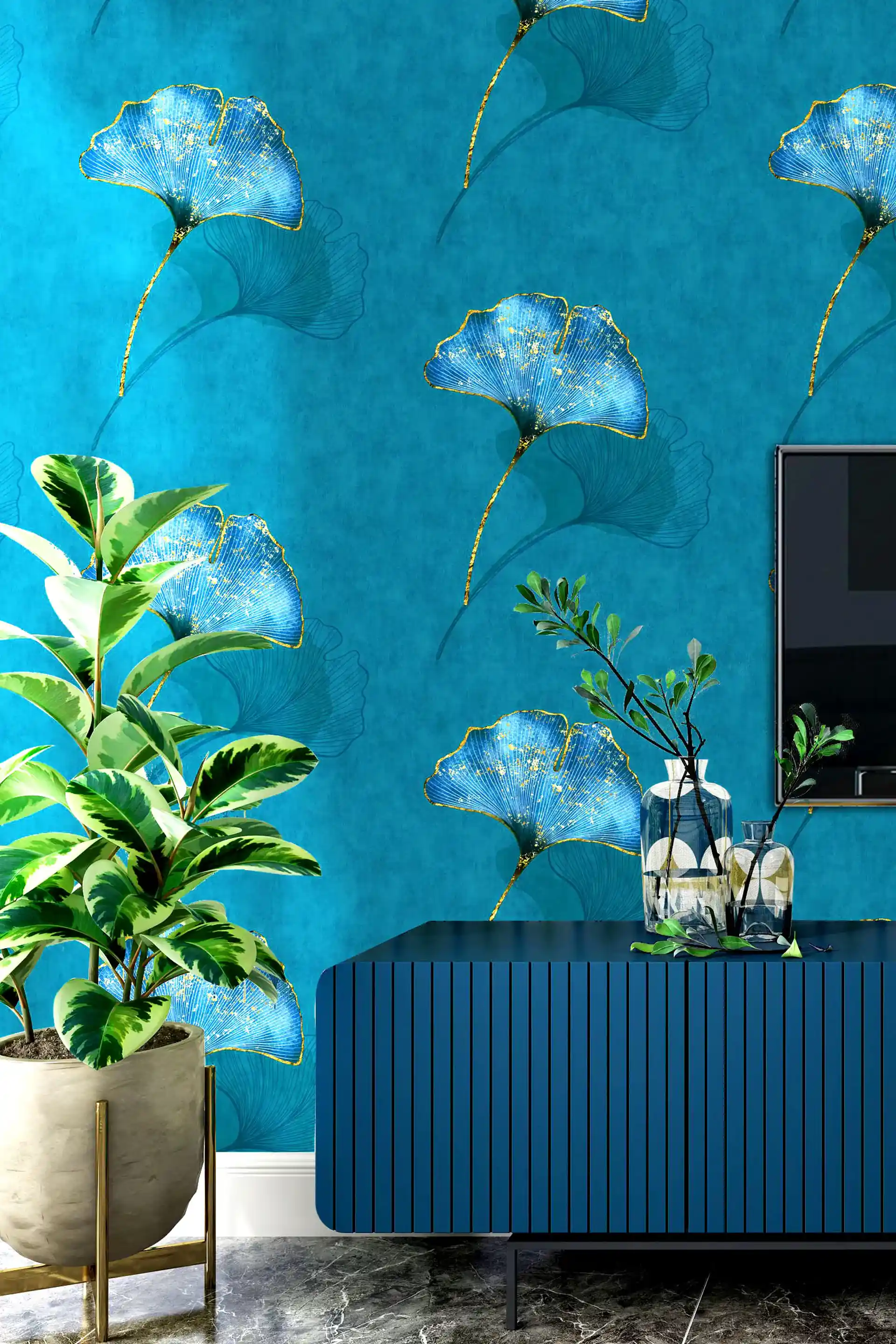 Tropical Blue Ginkgo Leaf Botanical Wallpaper with Metallic Gold Foil Accents