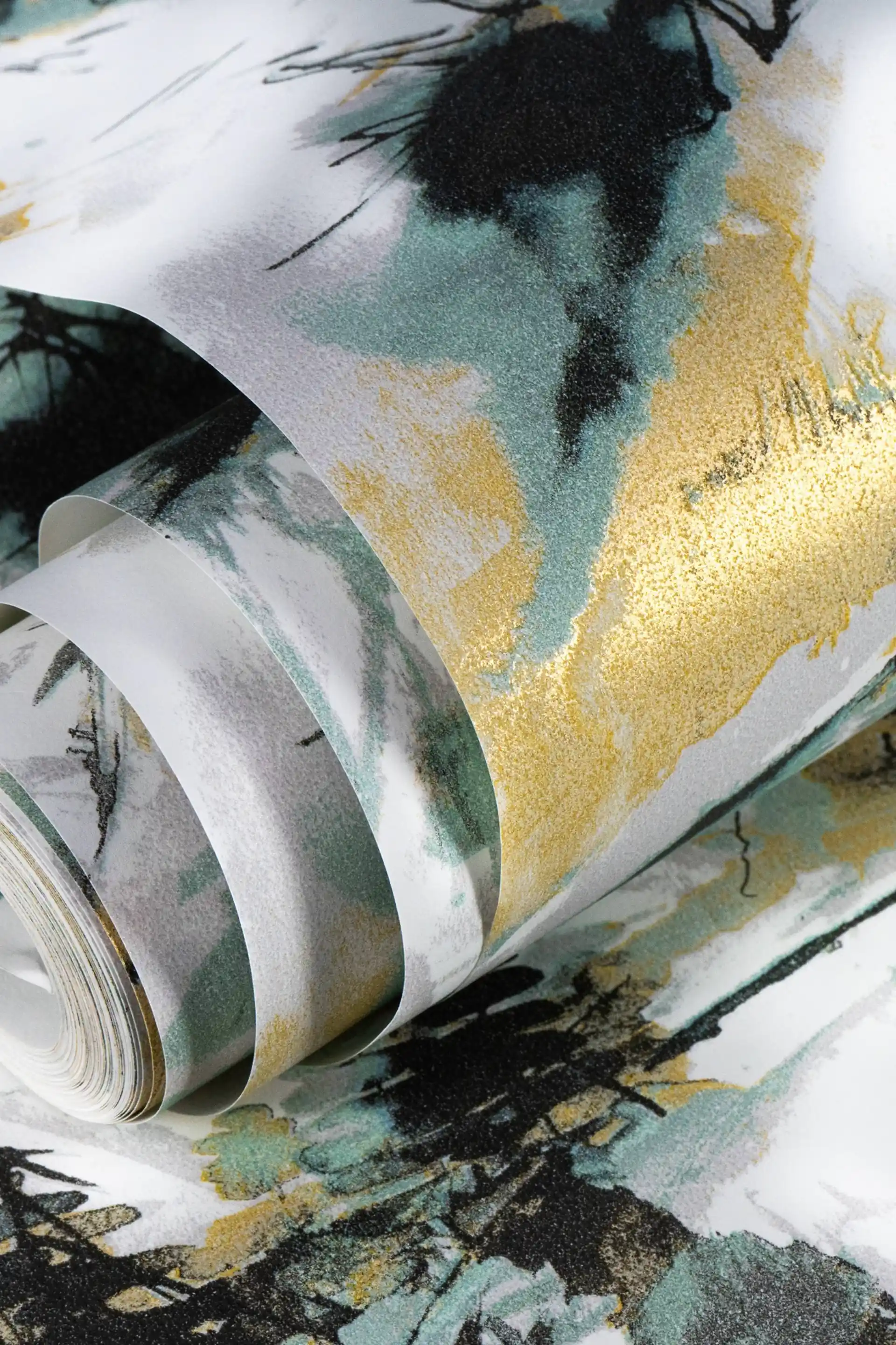 Abstract Mountain and Pine Trees Wallpaper with Gold Accents