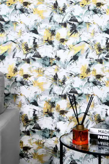 Installed abstract ink-wash wallpaper with teal, black, and gold brushstroke accents in modern room setting