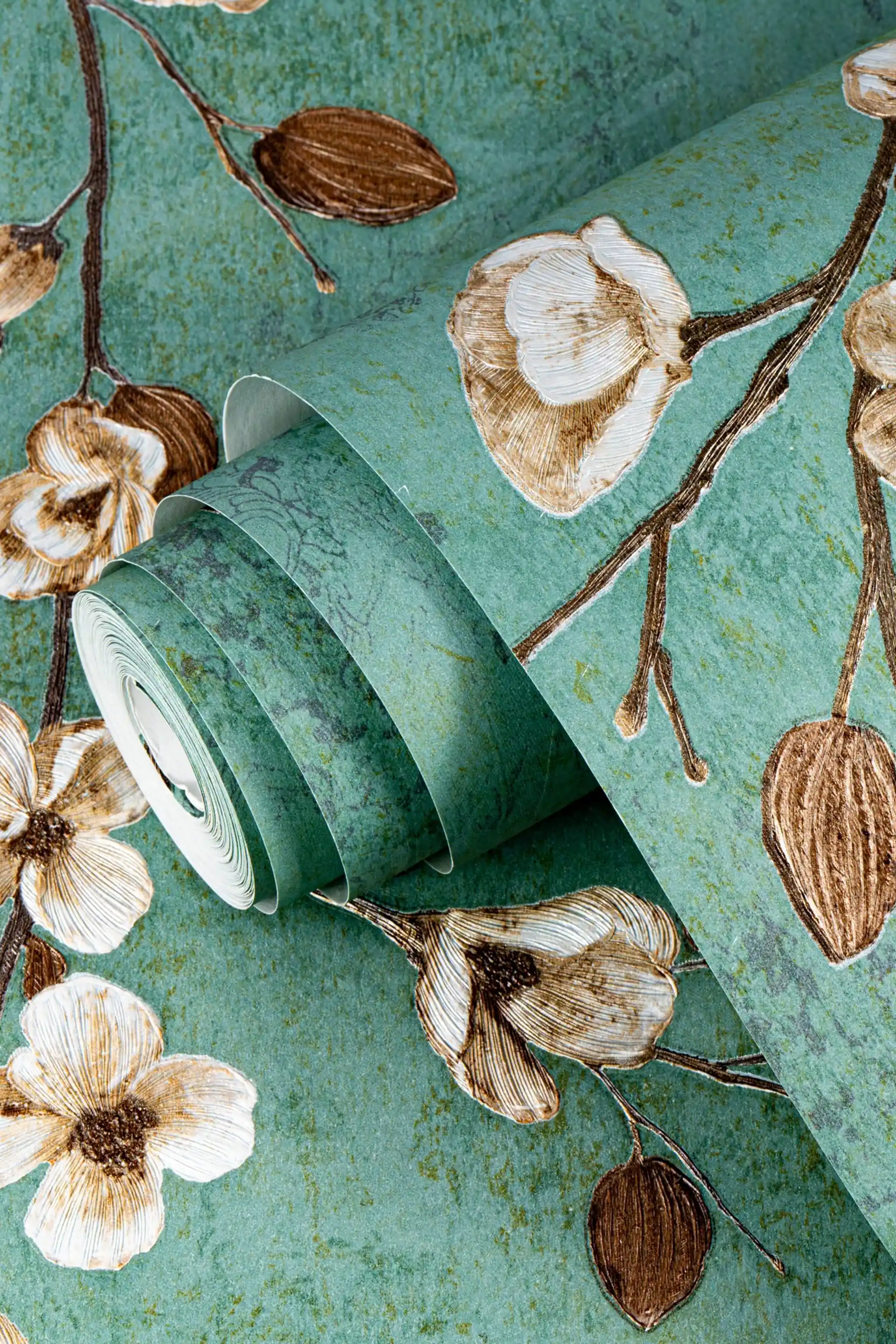 Teal Blossom Branch Wallpaper with White and Brown Textured Flowers