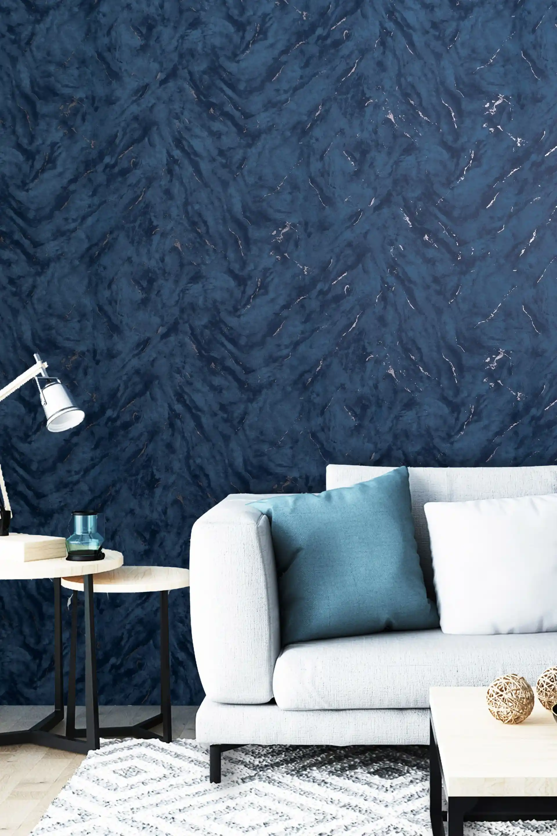 Midnight Blue Marble Effect Wallpaper with Shiny Silver Vein Finish