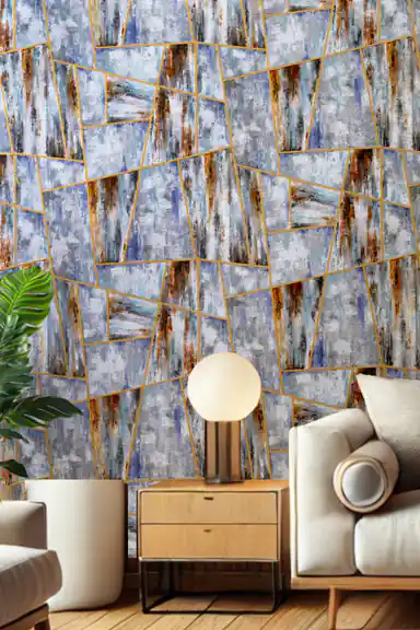 Rolled abstract geometric wallpaper showing rustic brush stroke texture in blue, grey and rust tones