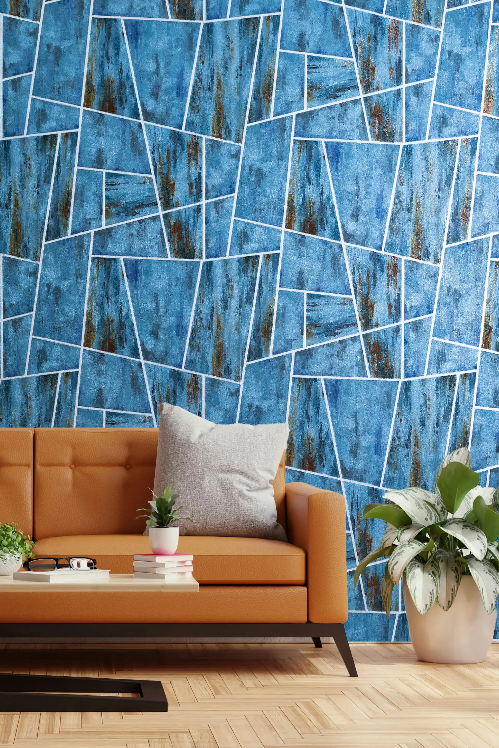 Teal Geometric Panels Wallpaper with Rustic Texture and Abstract Geometric Pattern