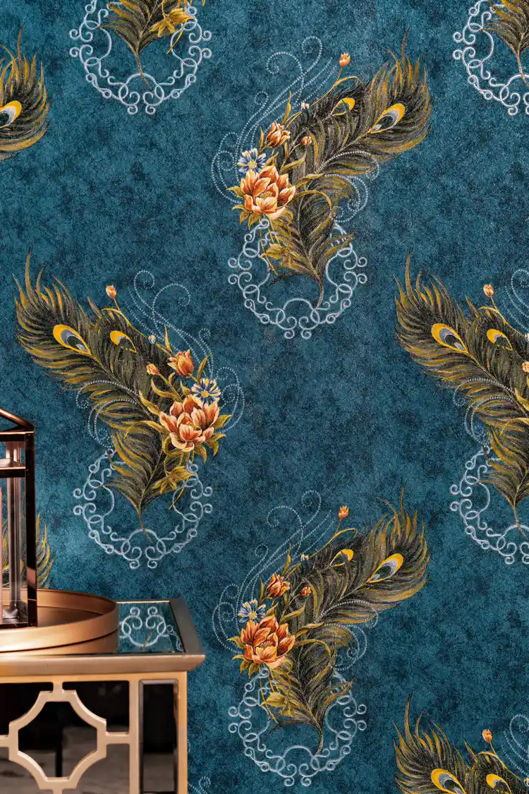 Teal peacock feather pattern wallpaper with ornate white scrollwork behind vintage lantern decor