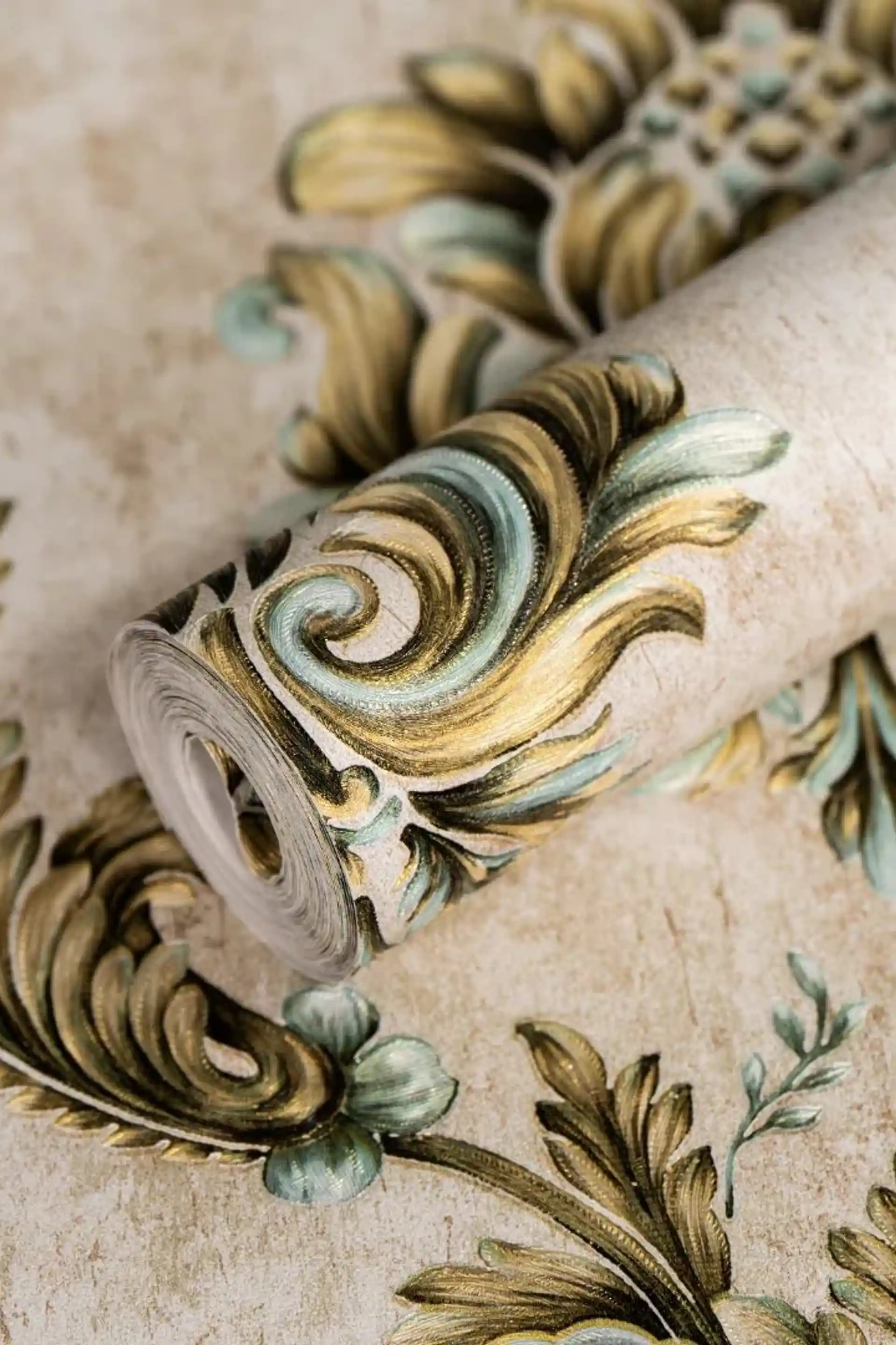 Vintage floral embossed damask wallpaper roll in gold and teal with baroque scroll motifs