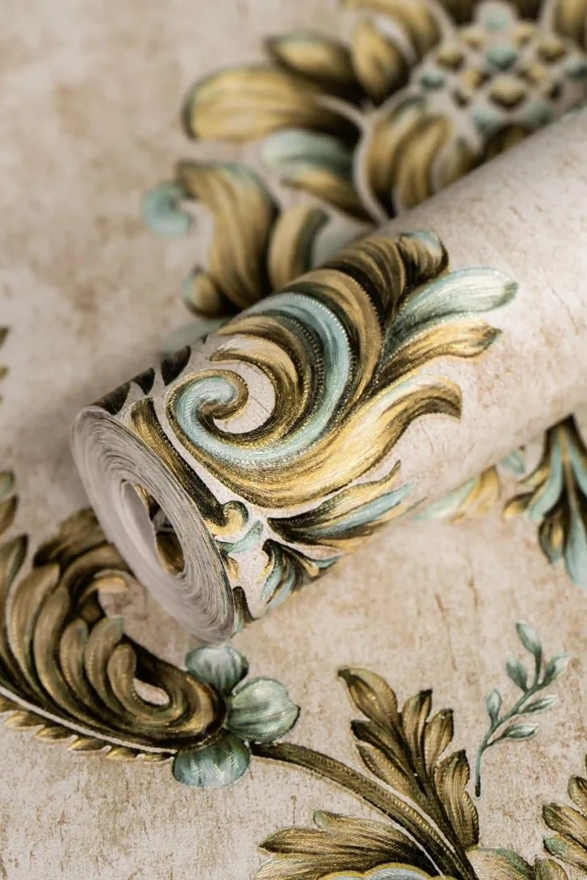 Vintage Floral Embossed Damask Wallpaper in Gold and Teal Luxury