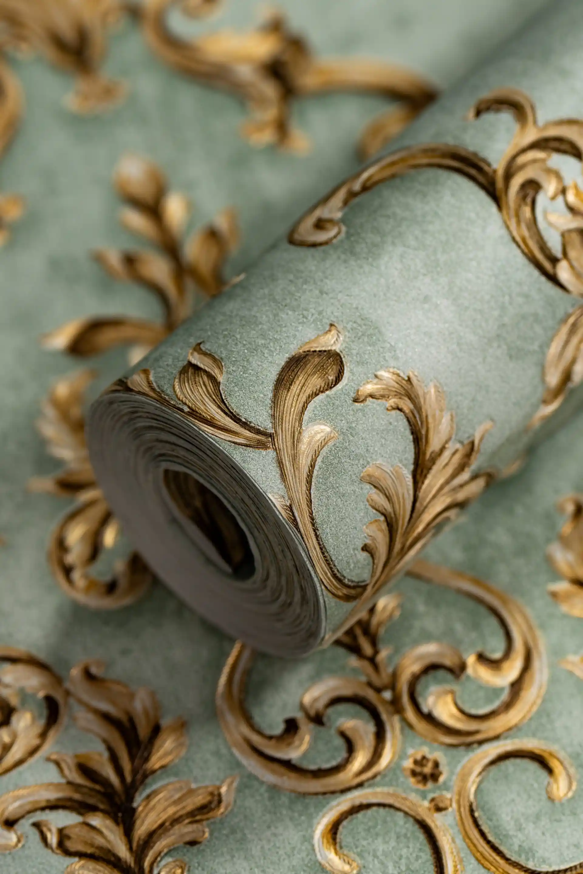 Sage green damask wallpaper roll with embossed gold baroque scroll motifs on soft green base
