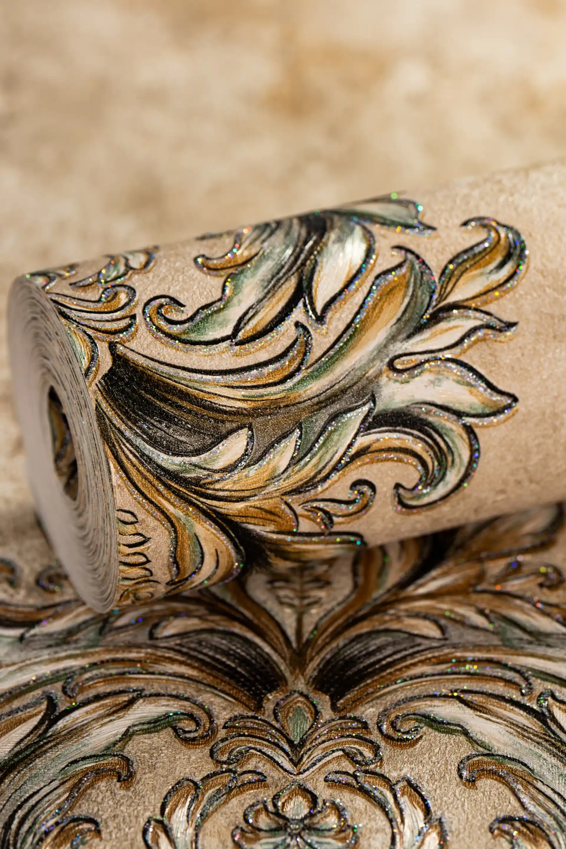 Venetian Damask Wallpaper with Ornate Motifs on Aged Marble Base