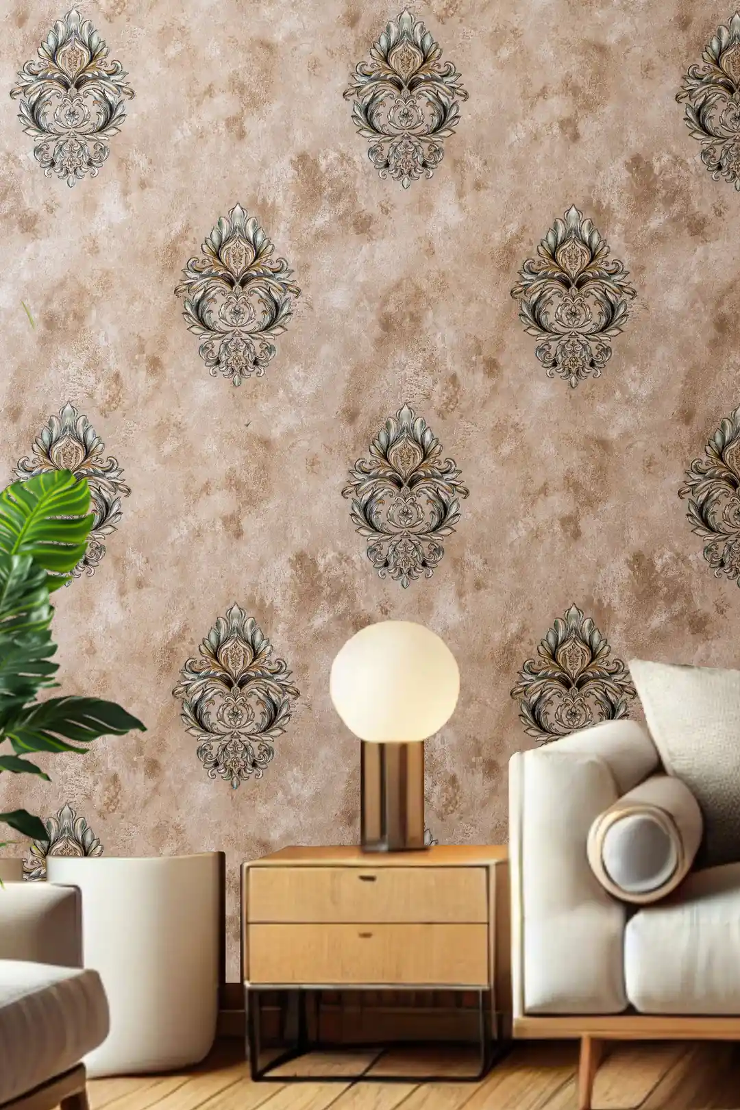 Venetian damask wallpaper installed in modern living room with beige sofa, wooden side table and lamp
