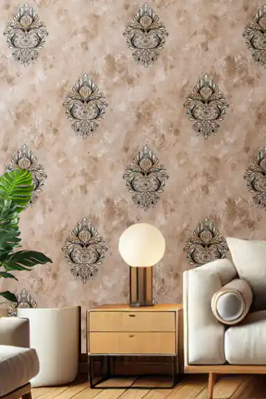 Venetian damask wallpaper installed in modern living room with beige sofa, wooden side table and lamp