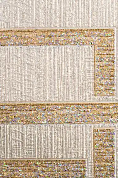 Extreme macro of textured white wallpaper with gold holographic glitter square borders