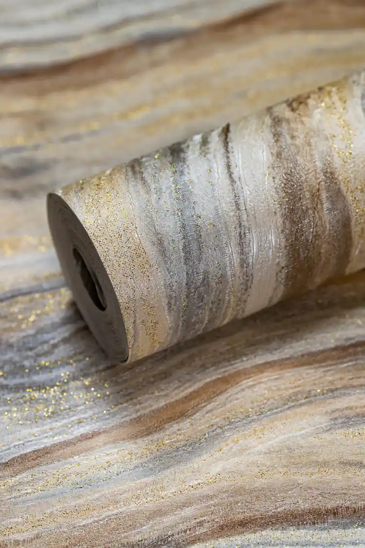 Luxe marble wave wallpaper roll with gold glitter veins in warm beige and silver tones