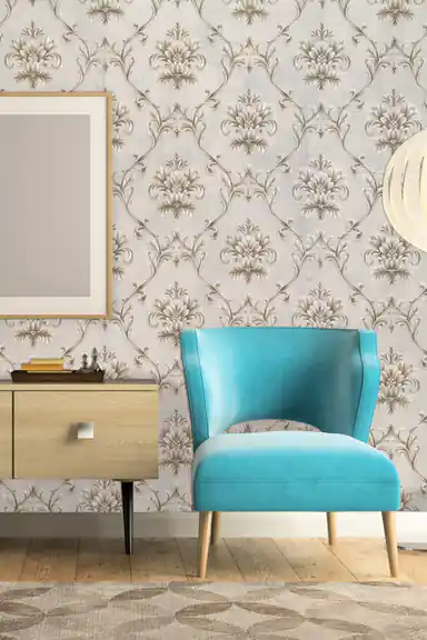 Rolled grey damask wallpaper showing embossed floral pattern with subtle silver shimmer finish
