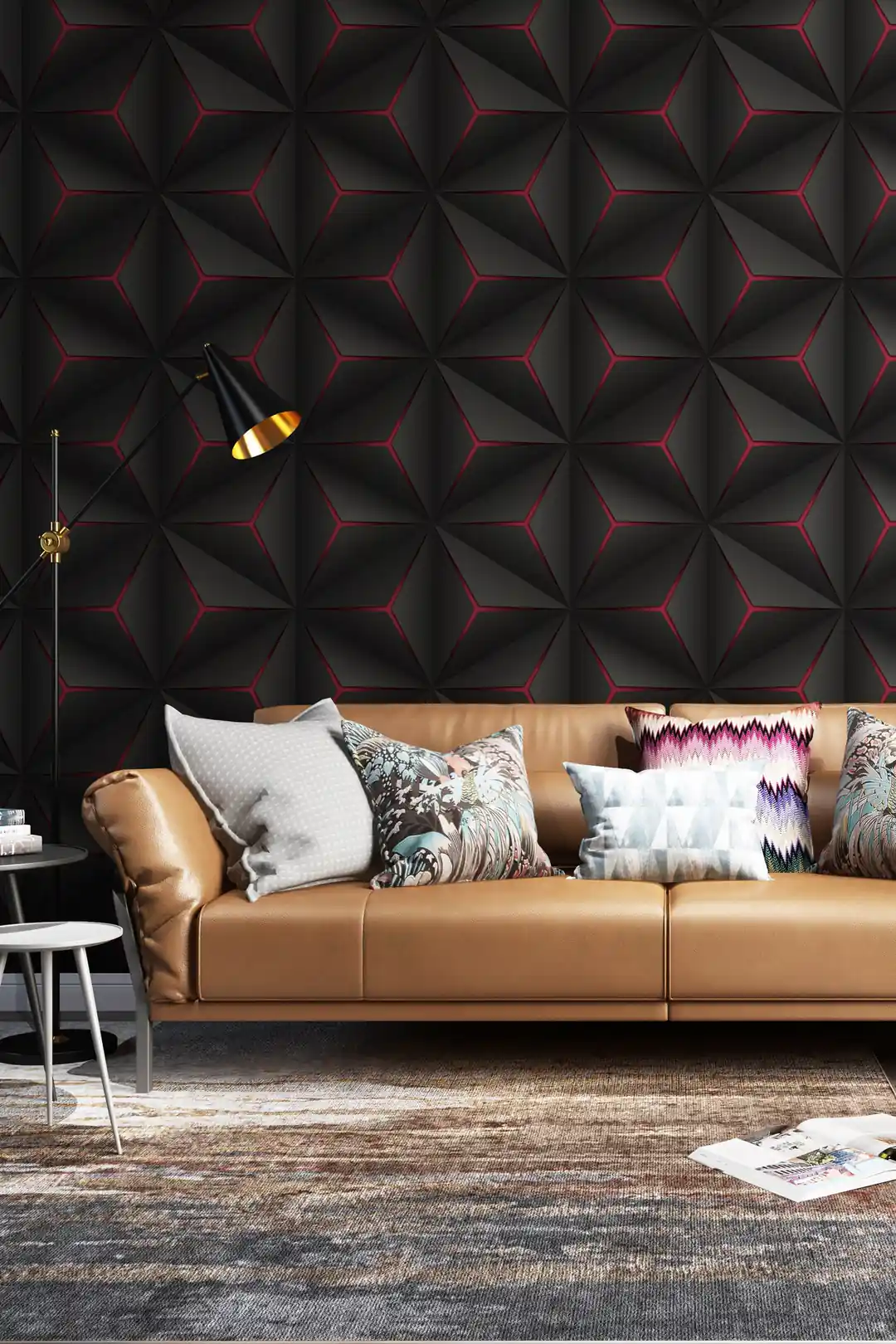 Modern living room with black 3D hexagonal wallpaper featuring red glow accents behind a tan leather sofa