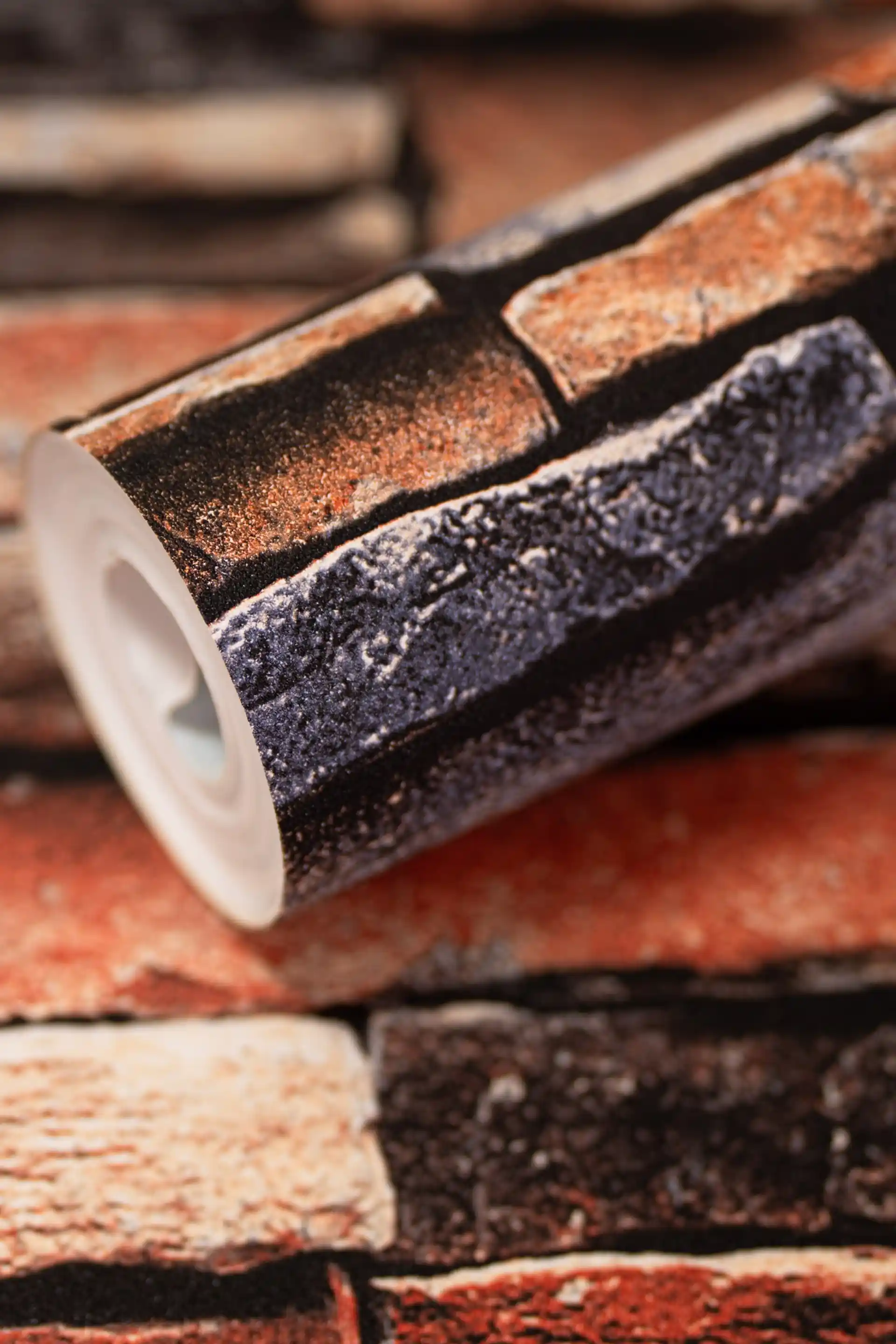 Rustic multicolor brick wallpaper roll with realistic 3D stone texture in orange, grey, and brown tones