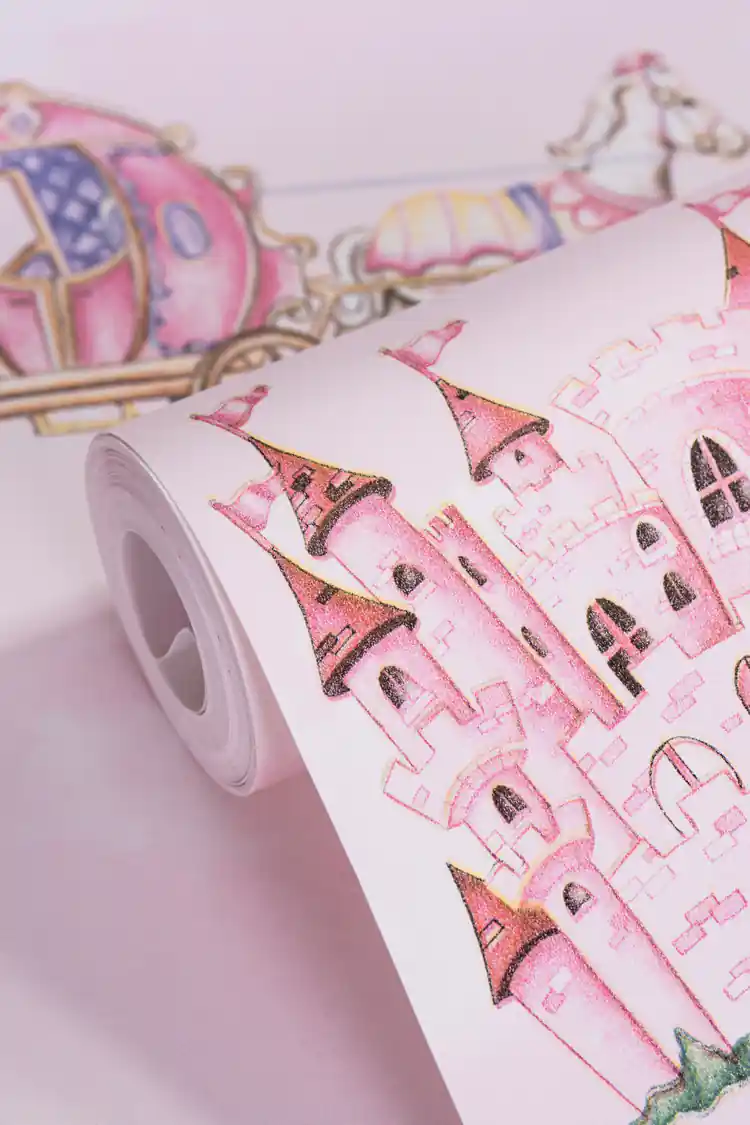 Pink princess castle wallpaper roll showing illustrated castles, horse-drawn carriage, and rainbow motifs