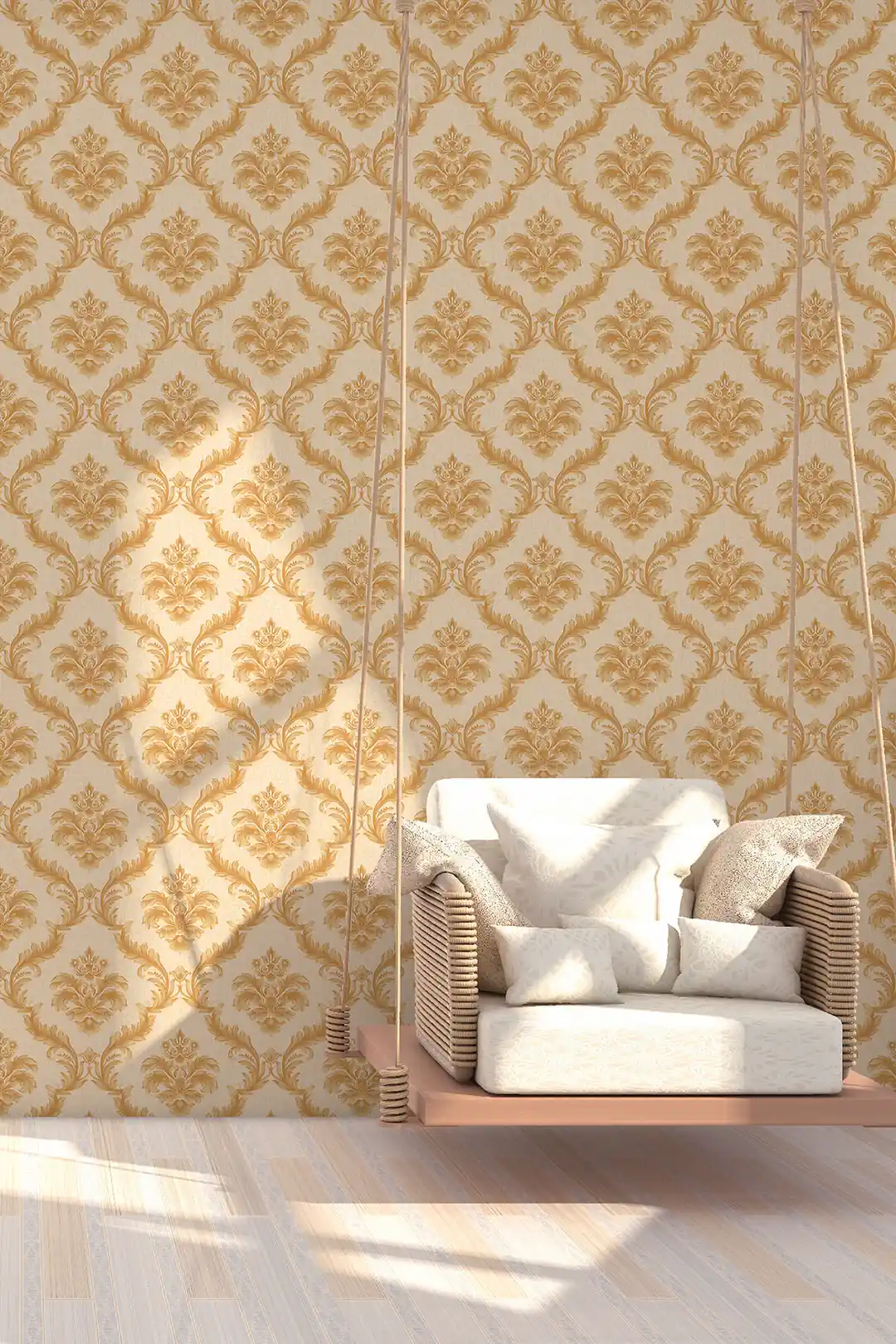 Elegant room scene with gold damask wallpaper behind a hanging swing chair on light wooden flooring