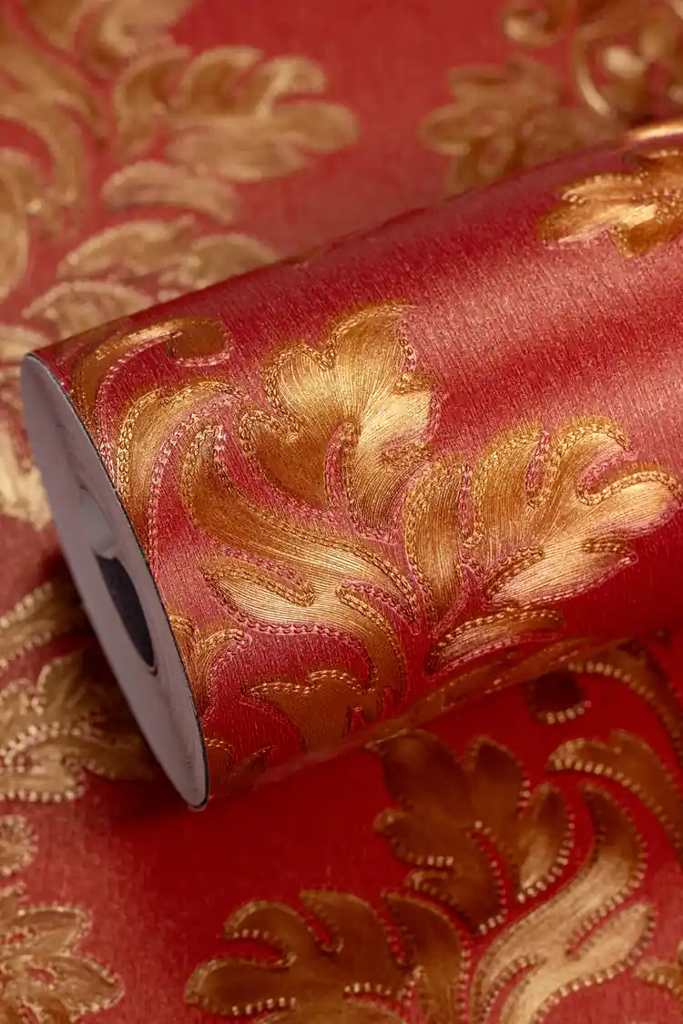 Rich red maroon damask wallpaper roll with golden embossed floral acanthus leaf pattern