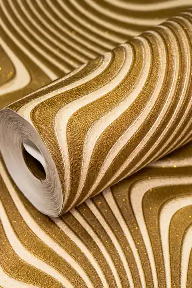 3D gold wavy lines illusion wallpaper roll showing flowing curves with golden shimmer and glitter accents