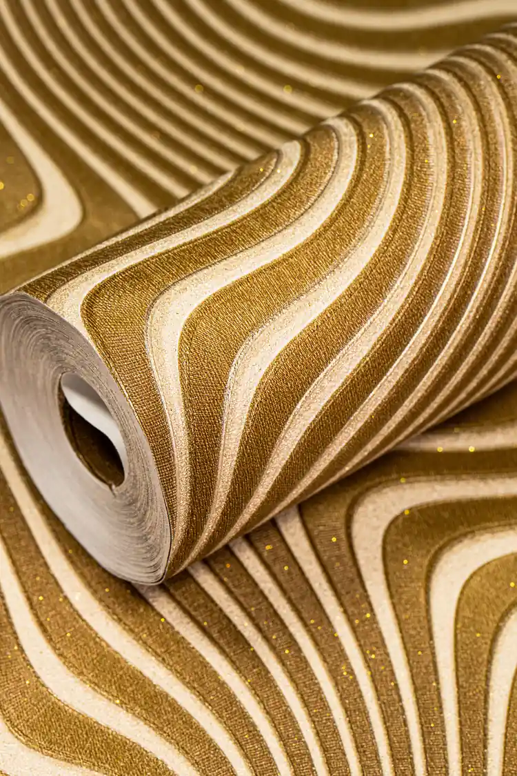 3D gold wavy lines illusion wallpaper roll showing flowing curves with golden shimmer and glitter accents