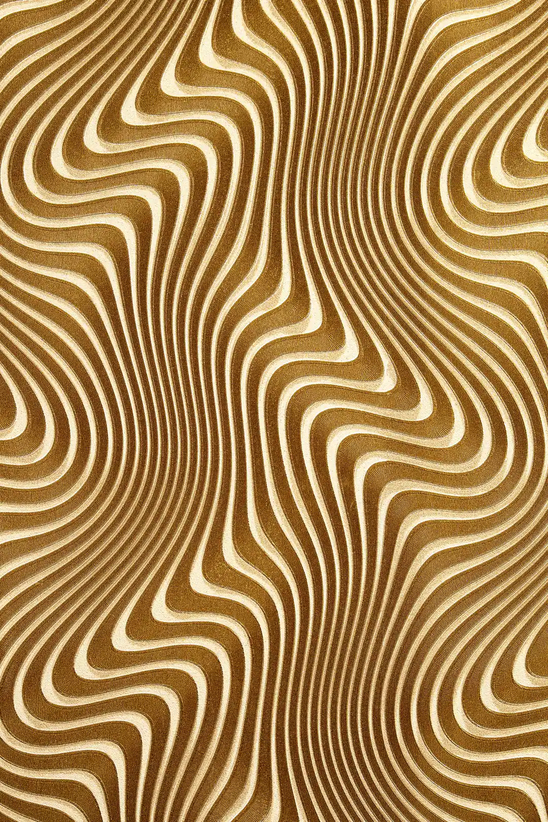 Full pattern view of the repeating gold wavy lines creating an optical illusion on the installed wall