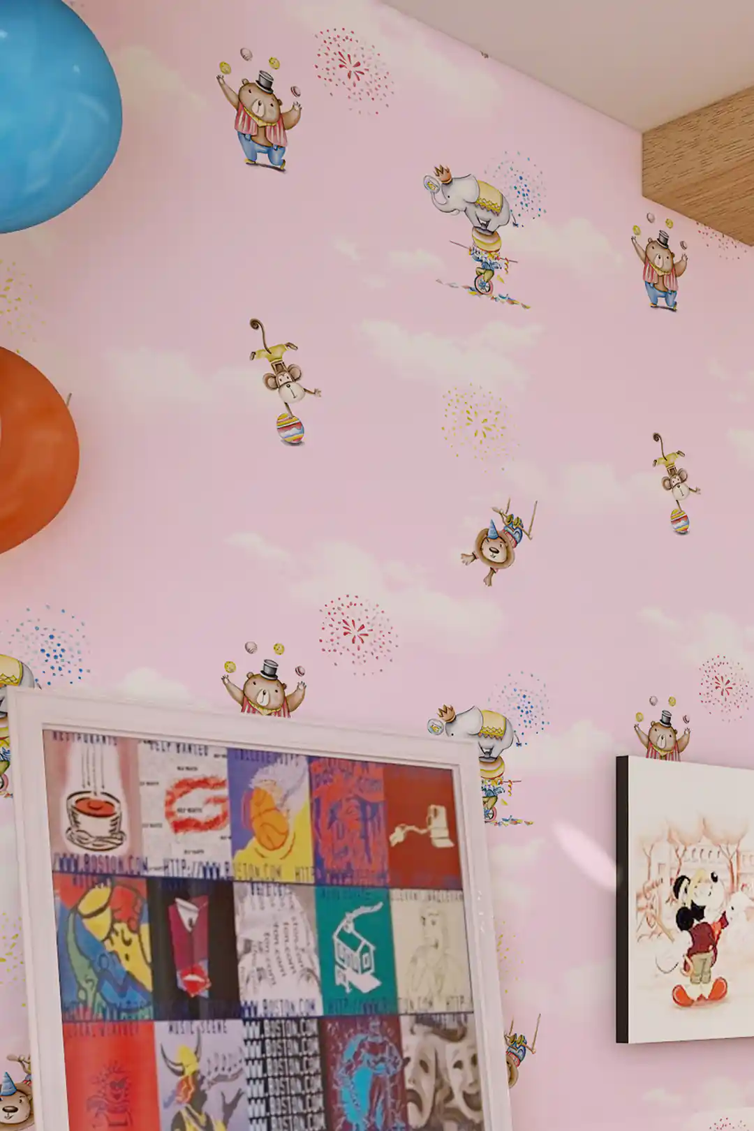 Close-up of the pink circus wallpaper showing cartoon bear juggling and elephant in costume details