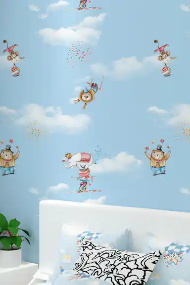 Close-up of the blue circus wallpaper showing performing animals, fireworks, and fluffy clouds detail