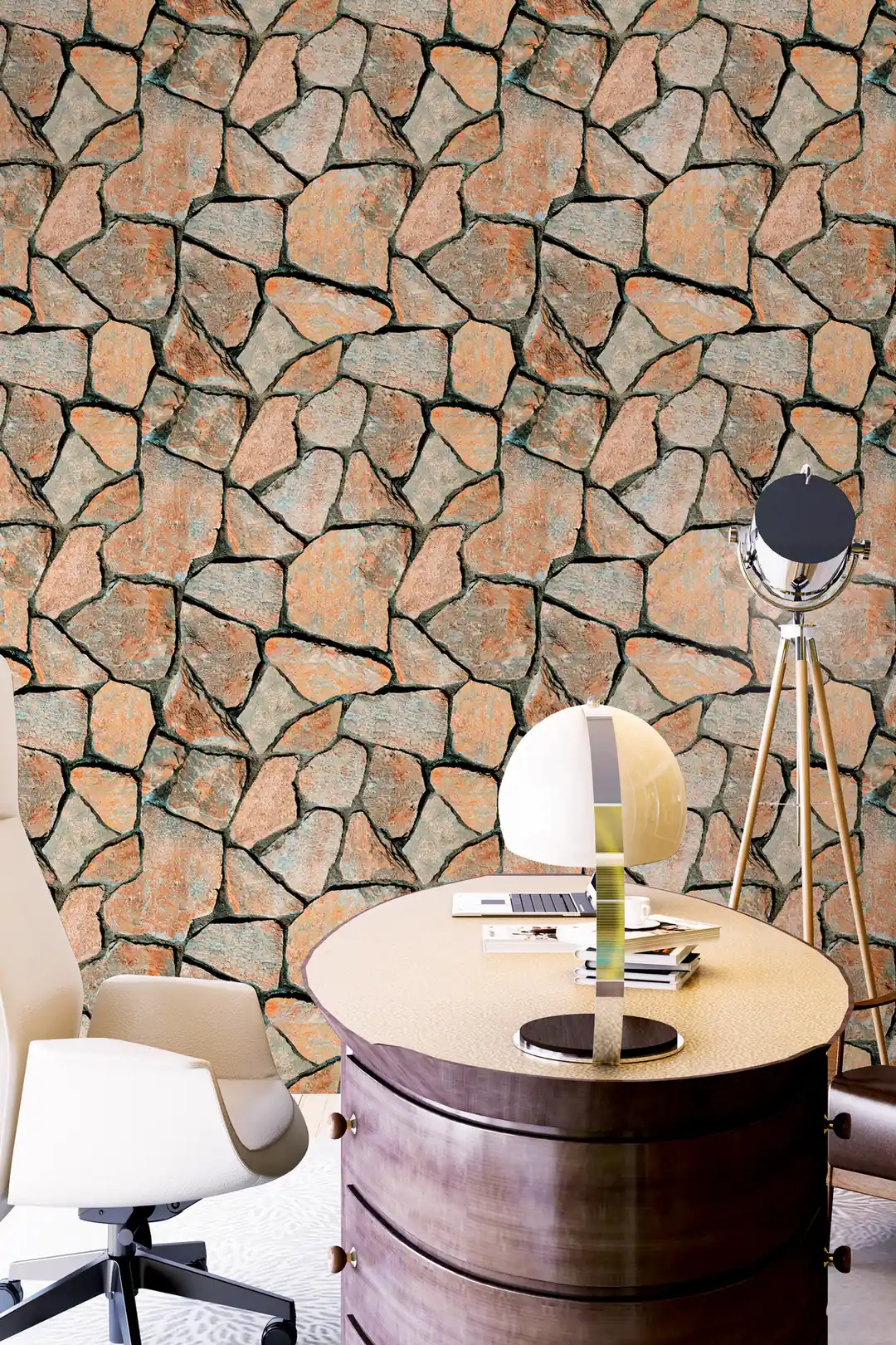Full wall view of the rustic stone wallpaper in a modern study with desk, chair, and tripod floor lamp