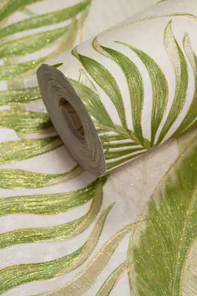 Full roll of green tropical palm leaf wallpaper with gold glitter outlines on an off-white background
