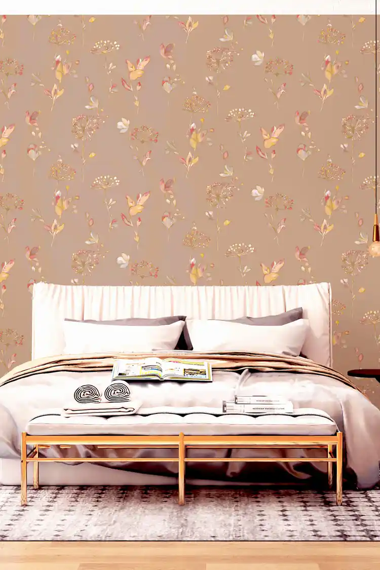 Bedroom scene with warm tan botanical wallpaper featuring watercolor wildflowers and berry stems behind a cozy bed
