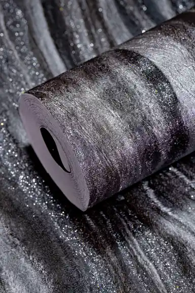 Black and grey marble swirl wallpaper roll with silver glitter particles