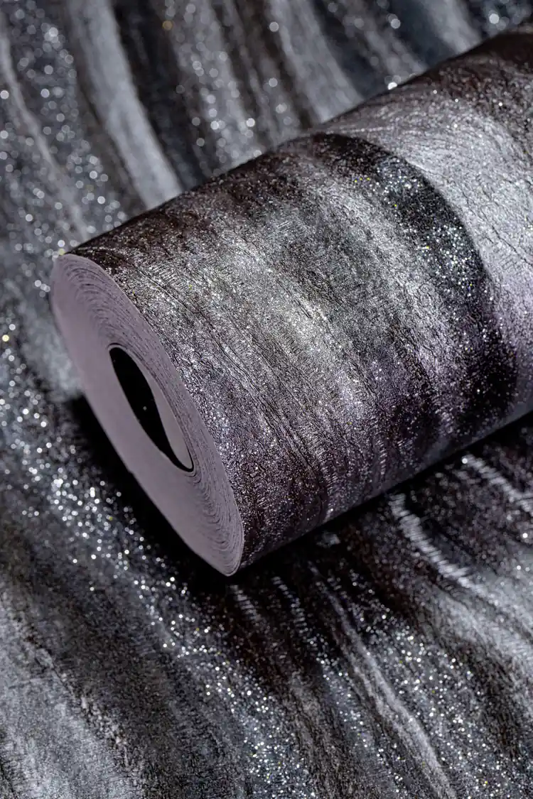 Black and grey marble swirl wallpaper roll with silver glitter particles