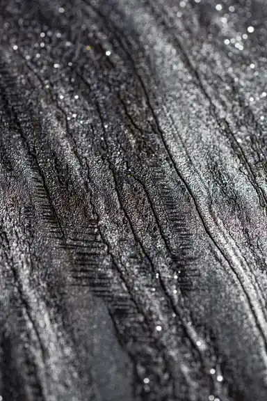 Extreme macro detail of silver glitter particles embedded in the black and grey marble swirl texture