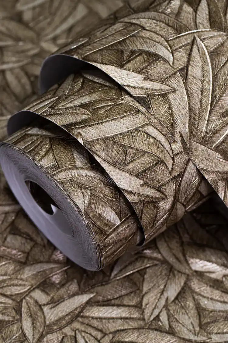 Full roll of dense metallic bronze textured leaves wallpaper with a rich all-over shimmer finish